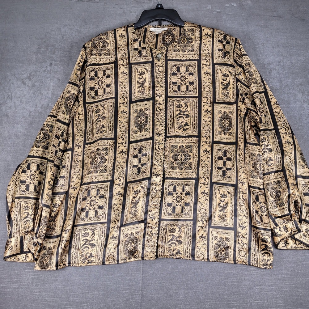 Susan Hutton Blouse Top Gold‎ Trim Button Front Dressy Patterned Metallic 24W